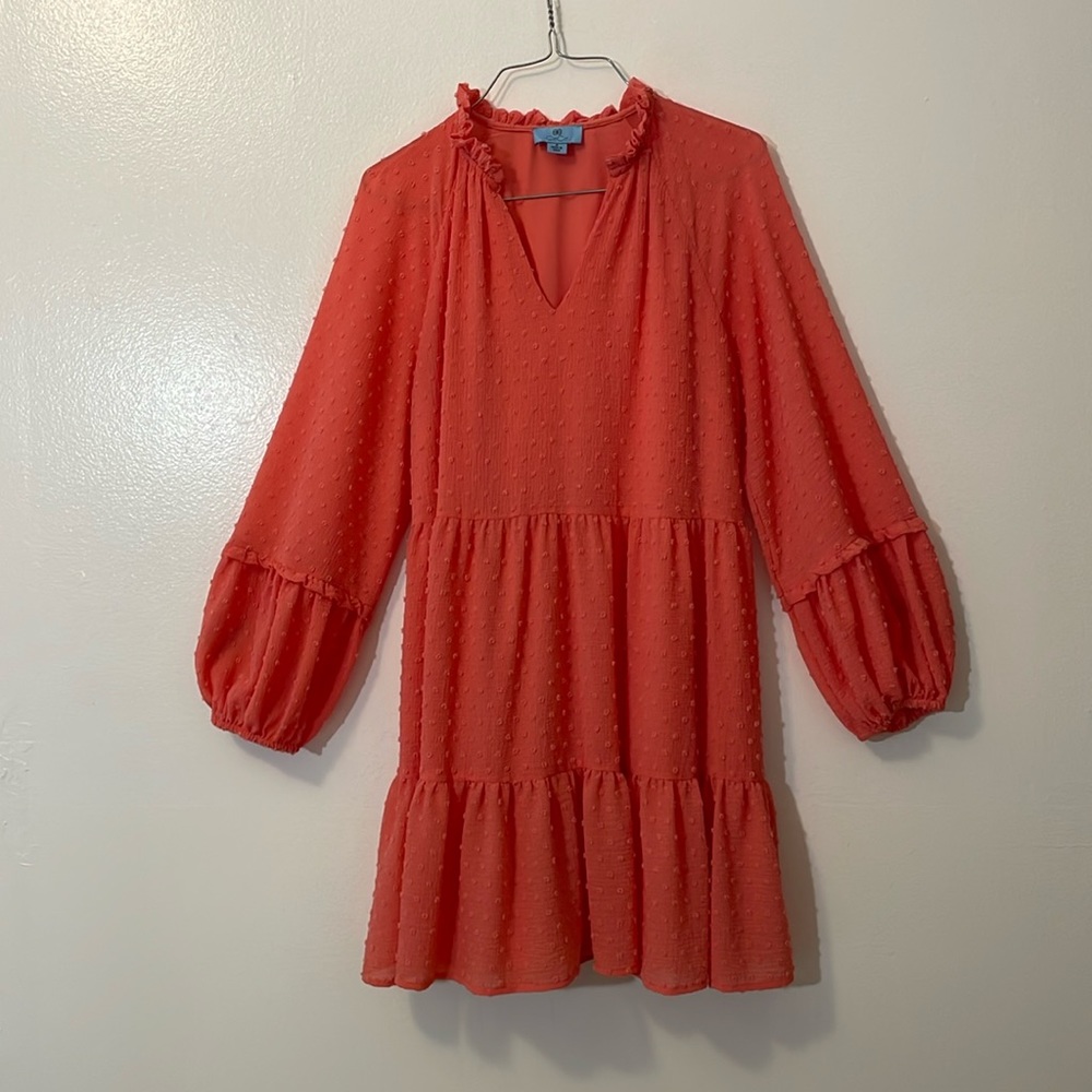 CeCe Coral Red Long Sleeve Tiered Swiss Dot Dress